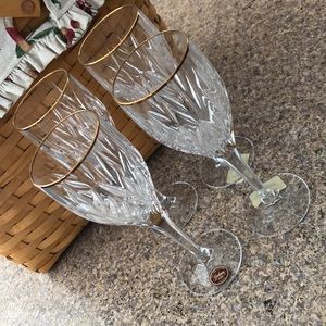 Gorham Star Blossom Gold Trim Full Lead Crystal Water Goblets Set of 4 Glasses